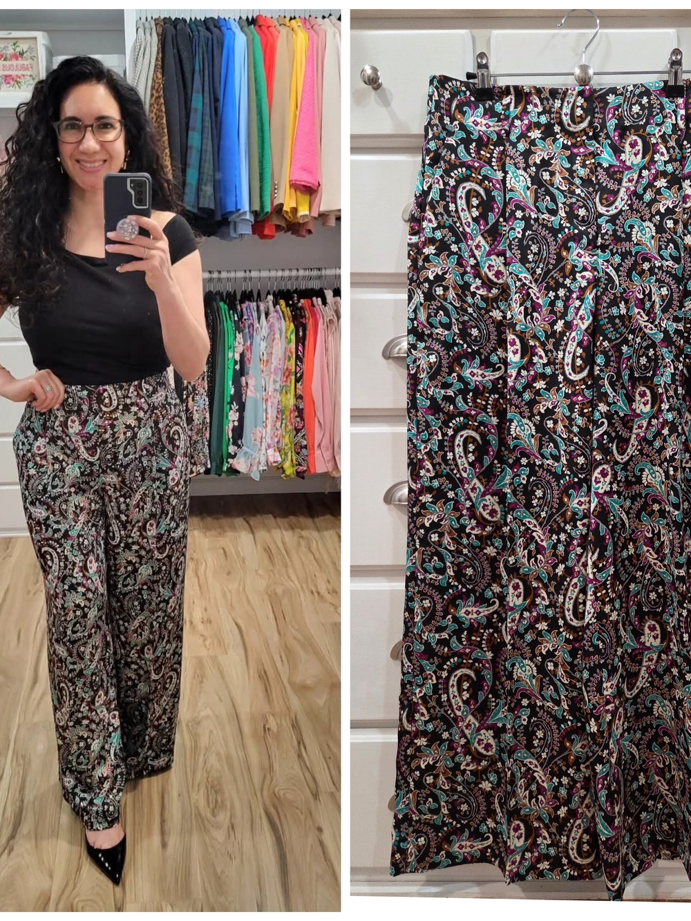 Ann Taylor Black Paisley Wide-Leg Pants with Teal & Magenta Accents